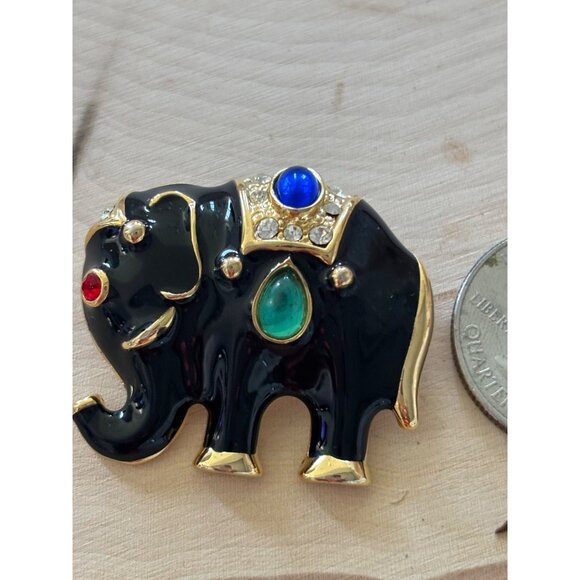 Vintage  Jeweled Elephant Brooch – Black Enamel, Rhinestones & Bold Cabochons - Picture 1 of 9